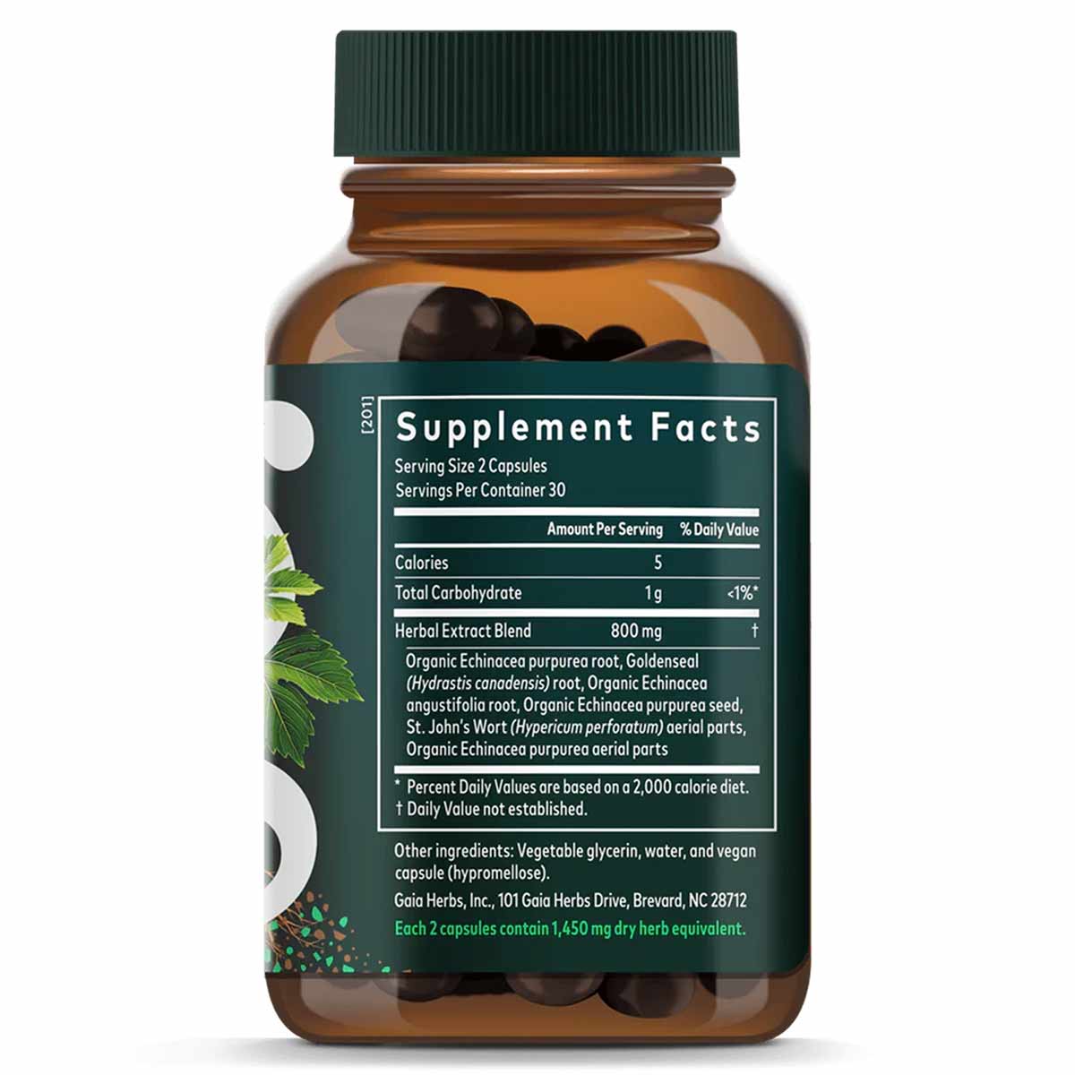 Amber glass bottle with green cap containing dark capsules and Supplement Facts label listing Echinacea and Goldenseal herbal