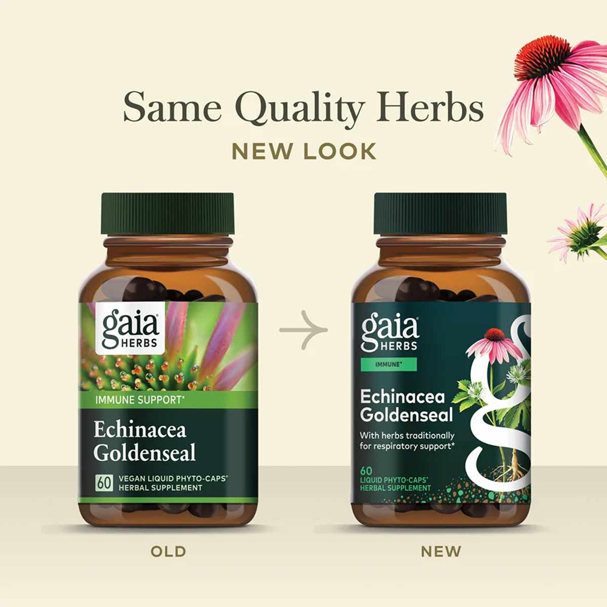 Gaia Herbs Echinacea Goldenseal bottle with green cap and brown glass, containing 60 vegan liquid phyto-caps herbal supplemen