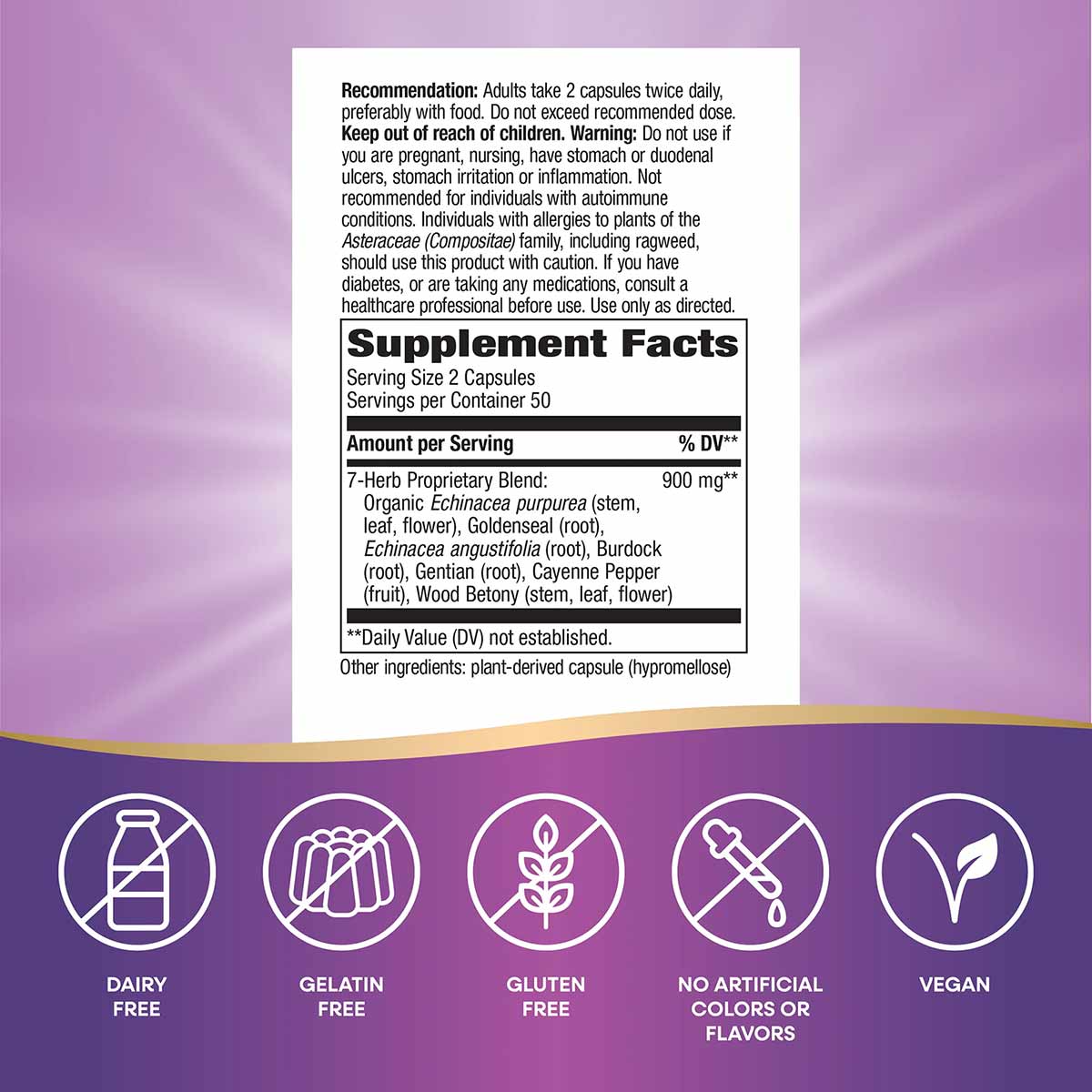 Supplement Facts label for Echinacea Goldenseal Premium Blend showing 7-herb proprietary blend with dosage information and in