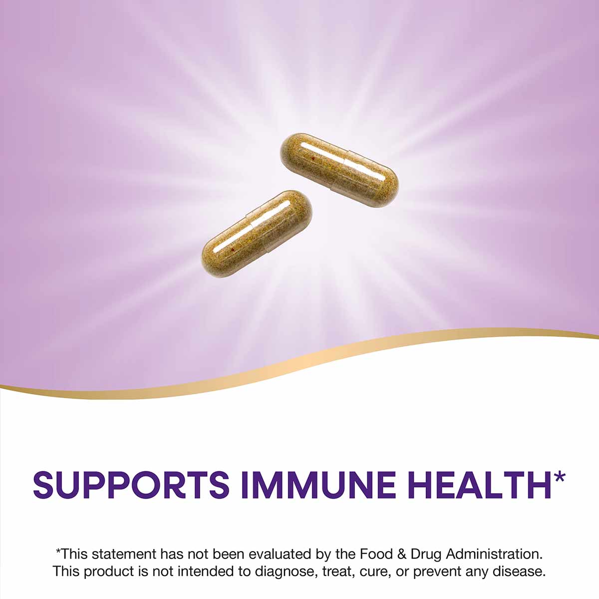 Two brown supplement capsules on a purple and white background with radiating light effect.