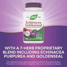 Nature's Way Echinacea Goldenseal bottle with purple cap containing 100 vegan capsules on purple background.