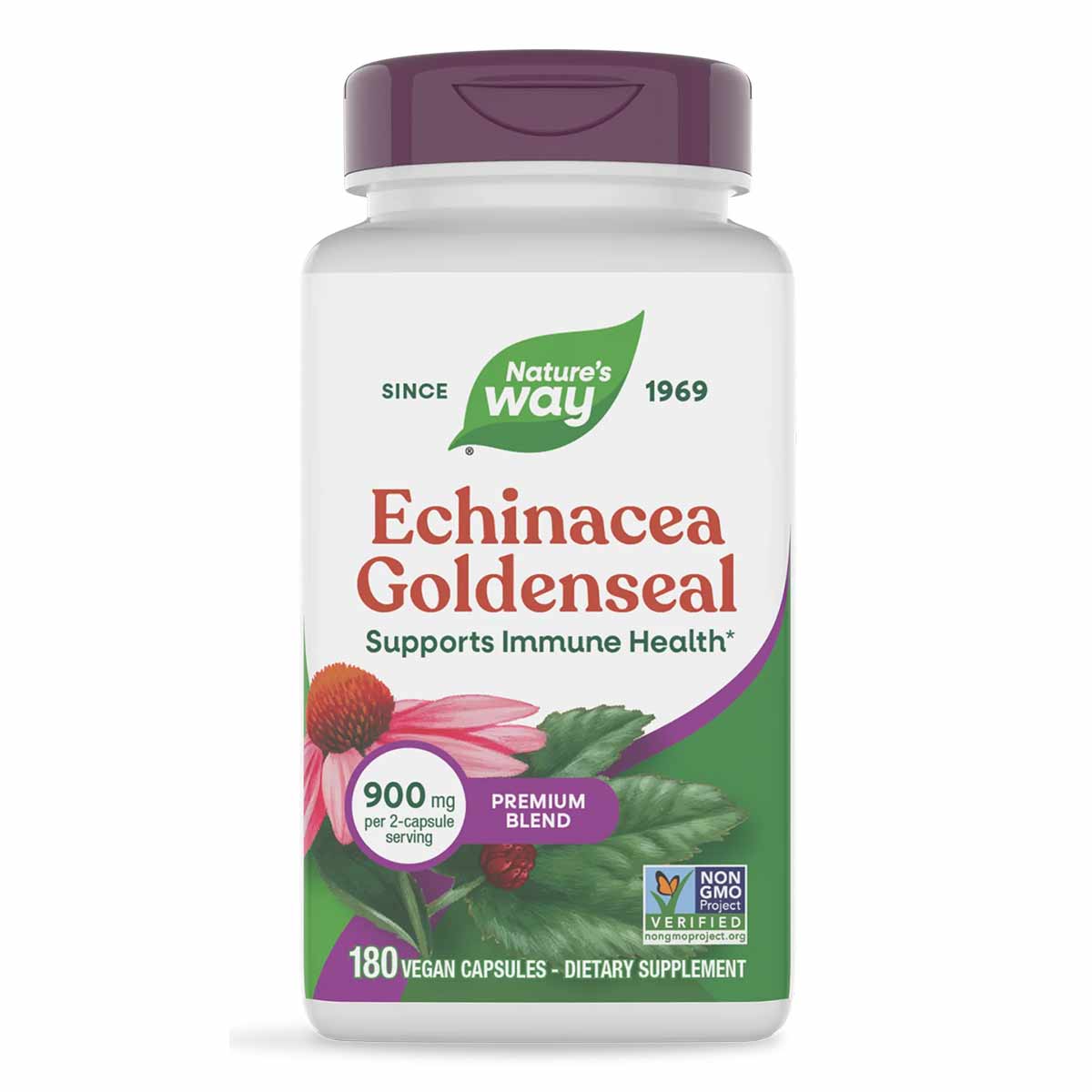 Nature's Way Echinacea Goldenseal supplement bottle with purple cap containing 180 vegan capsules.