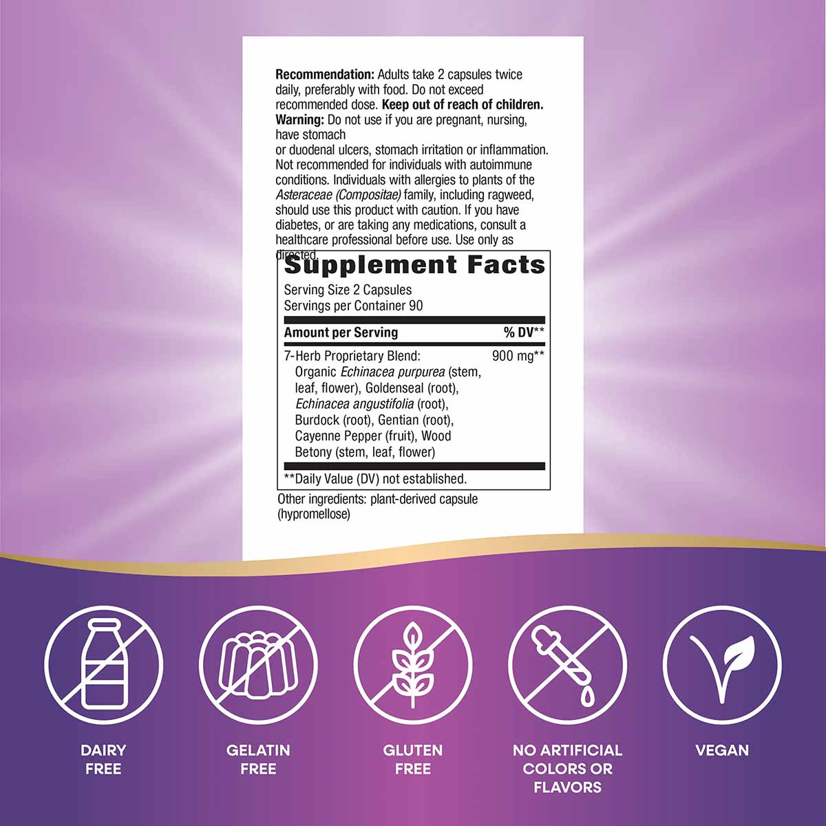 Supplement Facts label for Echinacea Goldenseal Premium Blend showing 7-herb proprietary blend with dosage and ingredient inf