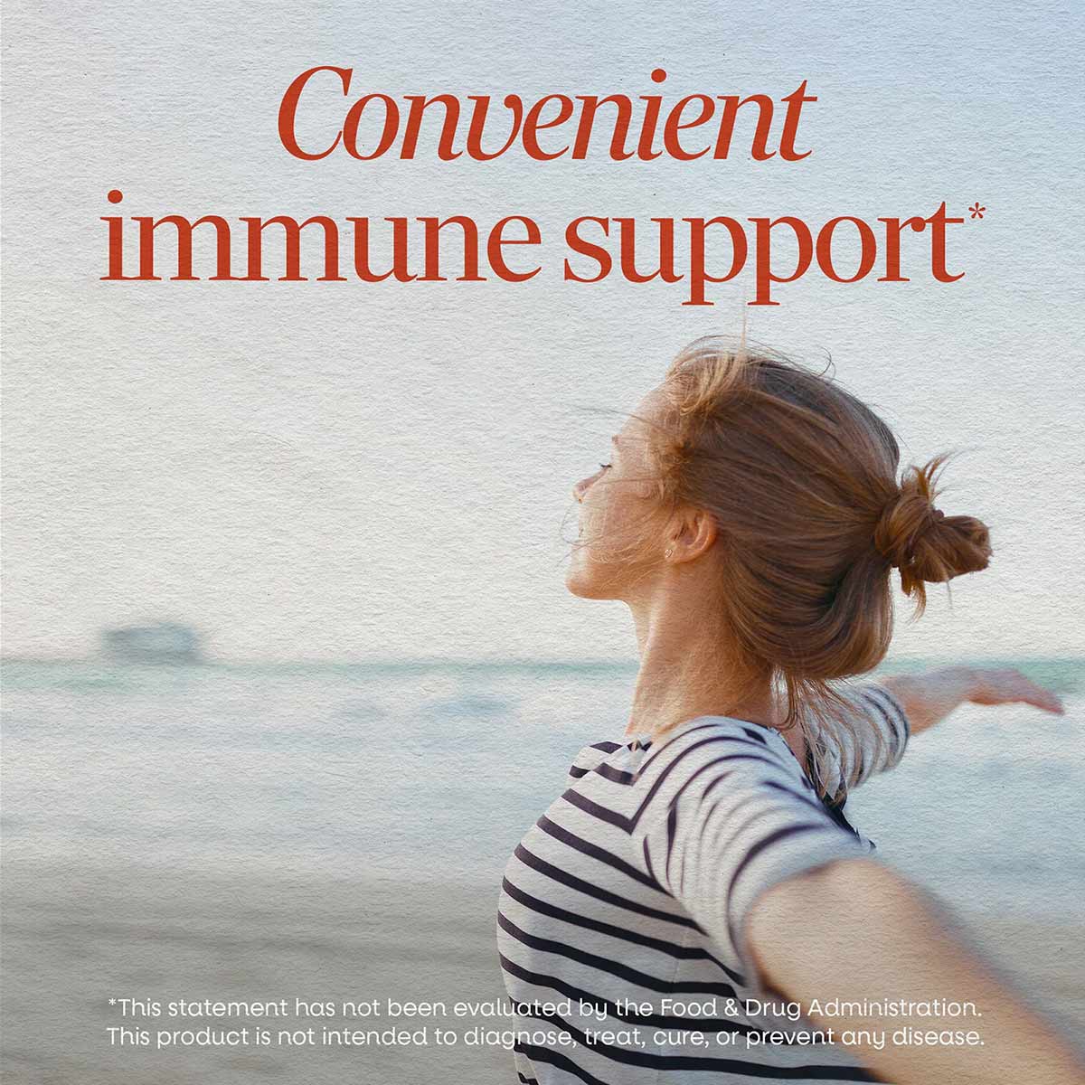 Woman in striped shirt facing ocean with text "Convenient immune support" on package label.