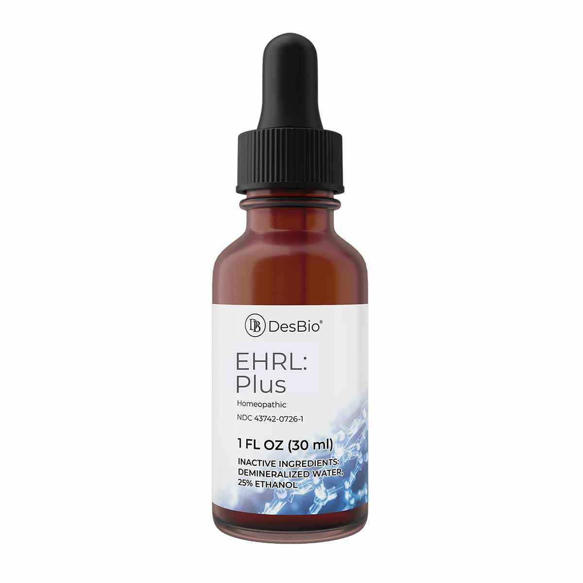 Brown glass dropper bottle labeled EHRL: Plus by DesBio, 1 FL OZ (30 ml), with black cap and white label on white background.