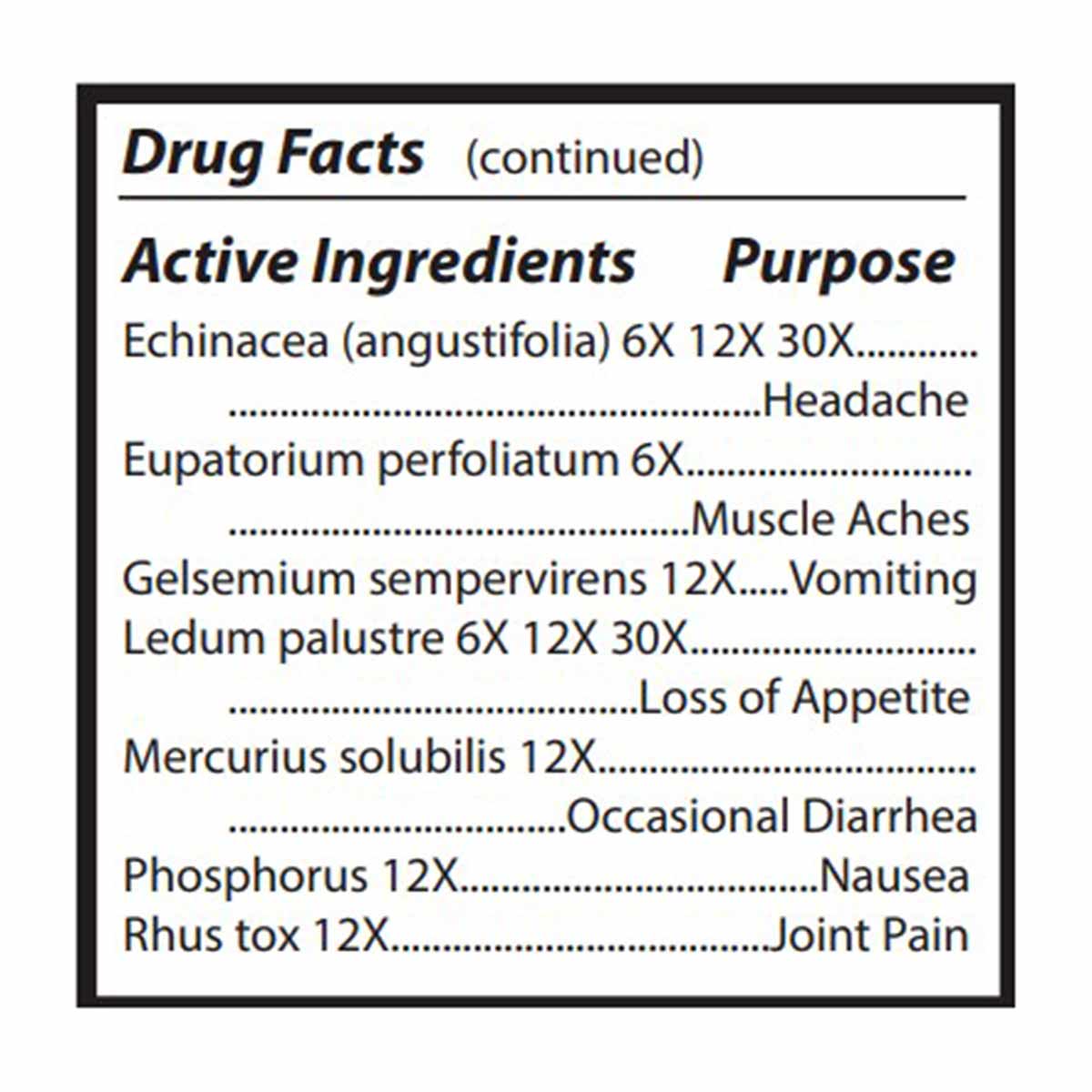 Drug Facts label listing active ingredients and purposes for EHRL:PLUS supplement including Echinacea, Eupatorium, Gelsemium,