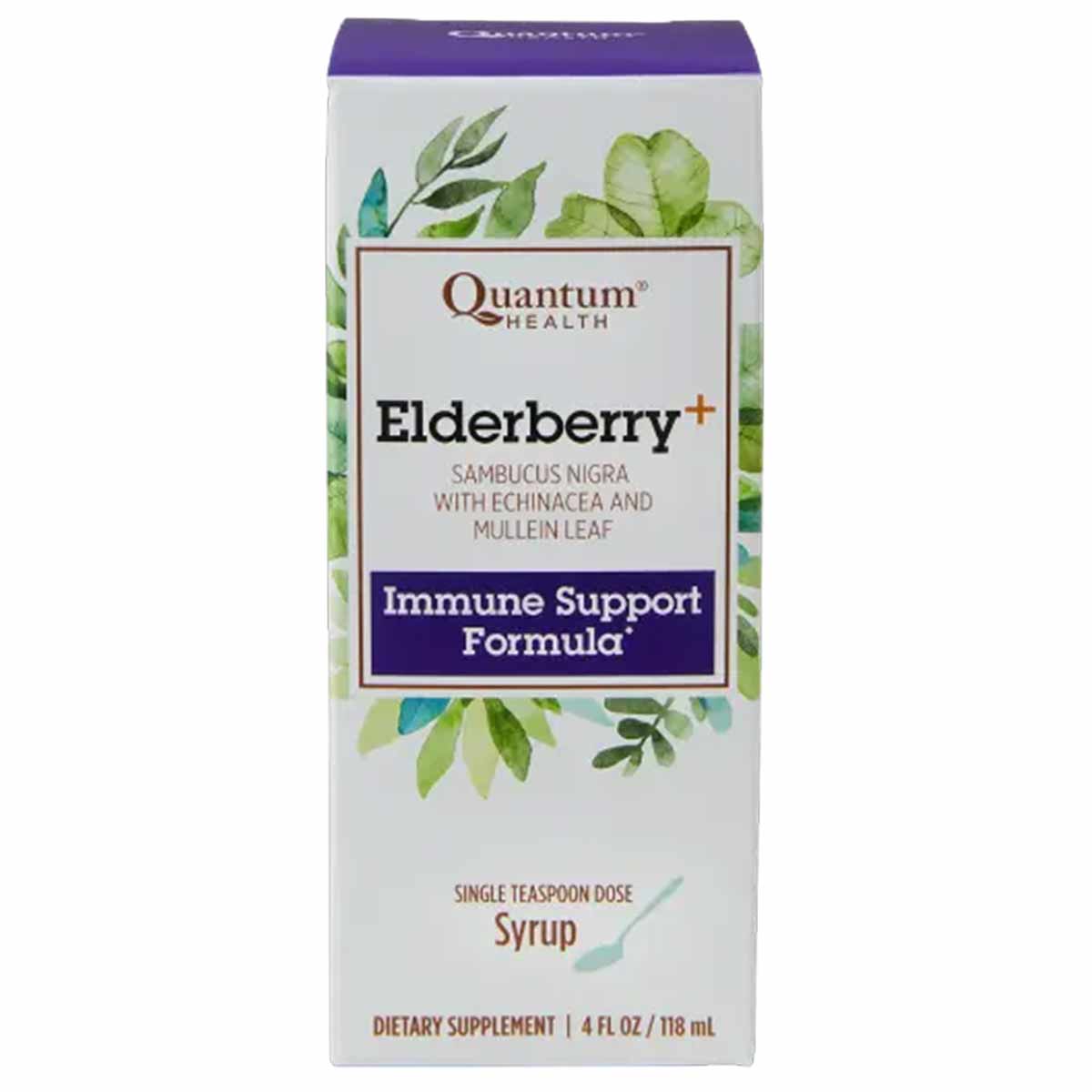 Quantum Health Elderberry+ Immune Support Formula syrup bottle, 4 fl oz, with purple top and illustrated leaf design.