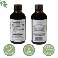 Two dark glass bottles with black caps showing front and back labels with supplement facts, usage instructions, and certifica