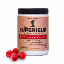Red raspberry flavored electrolyte powder canister with black lid, labeled zero sugar, 70 servings, 6.9 oz.