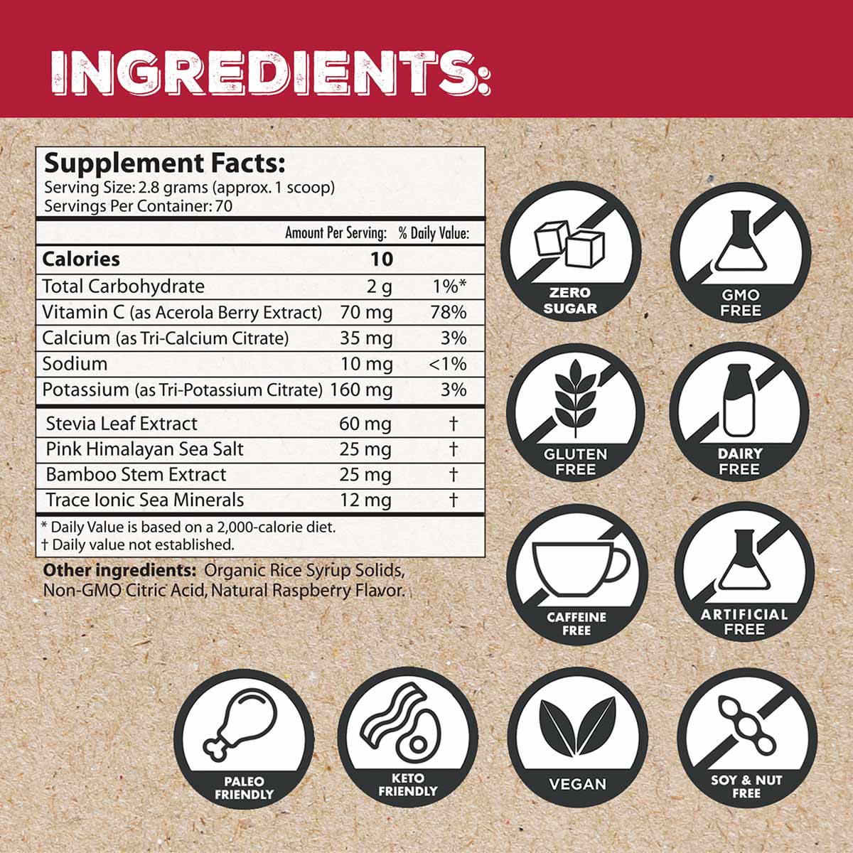 Electrolyte canister label showing supplement facts, ingredients, and certification badges including zero sugar, GMO-free, gl