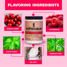 Superieur red raspberry electrolyte canister surrounded by ingredient photos including acerola berry, raspberries, stevia pla