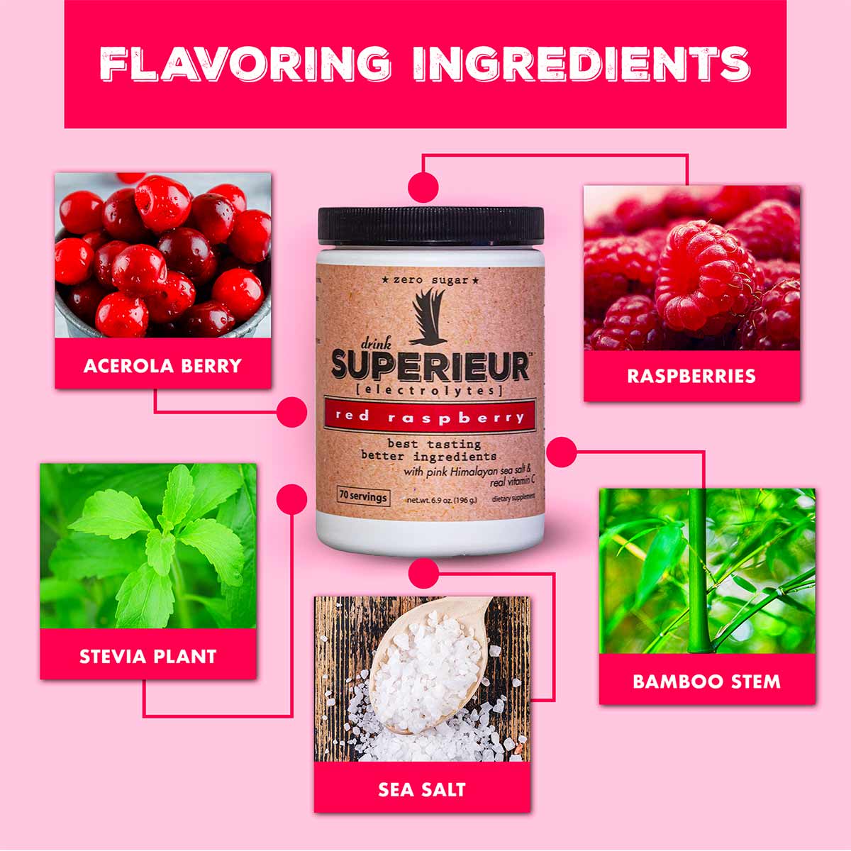 Superieur red raspberry electrolyte canister surrounded by ingredient photos including acerola berry, raspberries, stevia pla