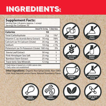 Red and tan label showing supplement facts, ingredients list, and certification badges including zero sugar, GMO-free, gluten