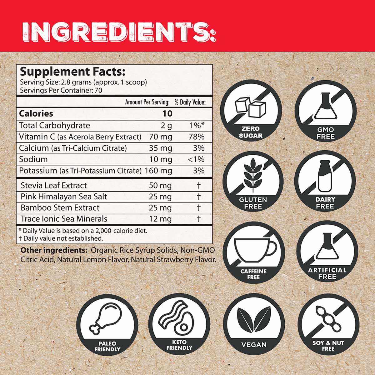 Red and tan label showing supplement facts, ingredients list, and certification badges including zero sugar, GMO-free, gluten