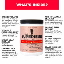 Red and white Superieur Electrolytes canister with black lid labeled strawberry lemonade flavor, 70 servings, 6.9 oz.