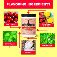 Superieur Electrolytes strawberry lemonade powder canister surrounded by ingredient images including acerola berry, strawberr