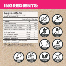 Supplement facts label showing ingredients and nutritional information with certification badges including zero sugar, GMO-fr