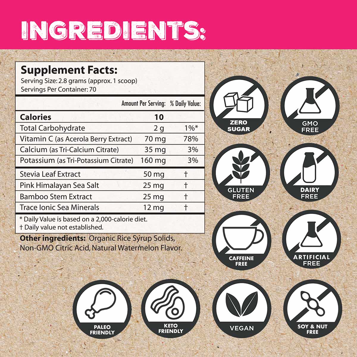 Supplement facts label showing ingredients and nutritional information with certification badges including zero sugar, GMO-fr