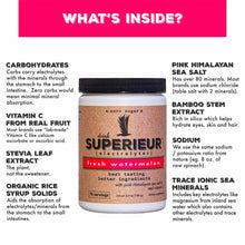 Superieur Electrolytes canister with fresh watermelon flavor label, 70 servings, surrounded by ingredient information on pink