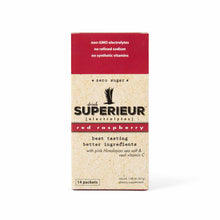 Superieur Electrolytes red raspberry flavor box containing 14 packets, 1.48 oz total.