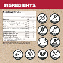 Supplement facts label showing ingredients and nutritional information for electrolyte packets with zero sugar, GMO-free, glu