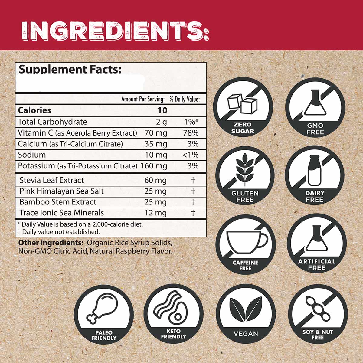Supplement facts label showing ingredients and nutritional information for electrolyte packets with zero sugar, GMO-free, glu