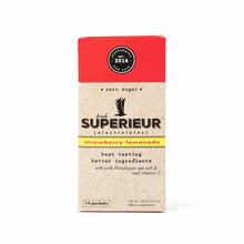 Box of 14 Superieur Electrolytes packets in strawberry lemonade flavor, zero sugar, with pink Himalayan sea salt.
