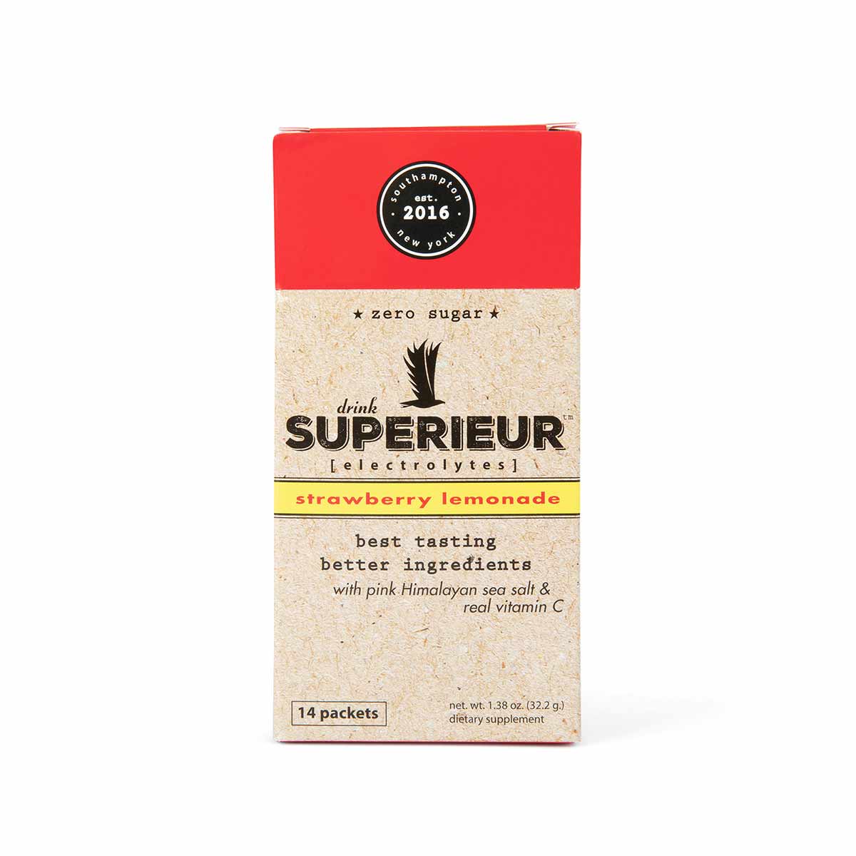 Box of 14 Superieur Electrolytes packets in strawberry lemonade flavor, zero sugar, with pink Himalayan sea salt.