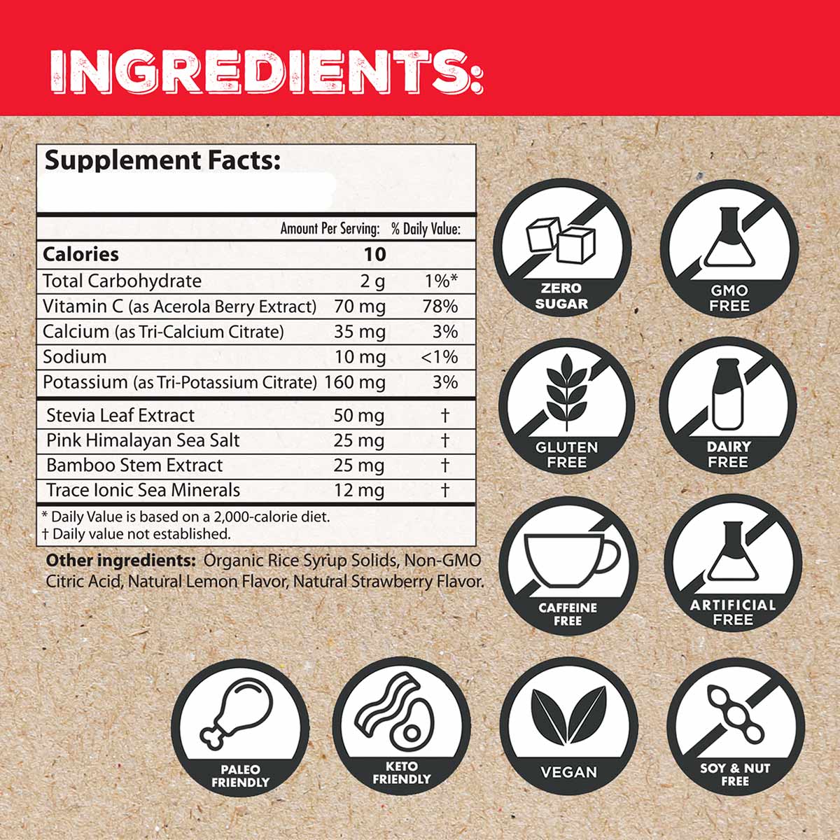 Supplement facts label for electrolyte packets showing nutrition information, ingredients, and diet certifications including 