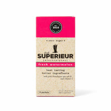 Superieur Electrolytes box with pink and tan packaging, fresh watermelon flavor, 14 packets, zero sugar.