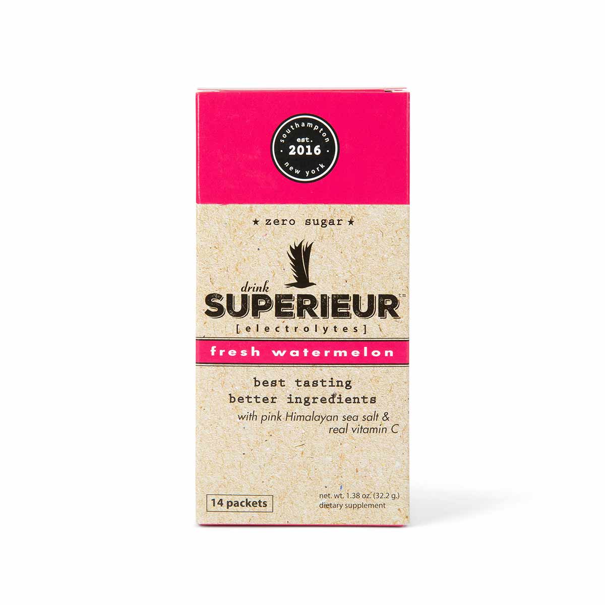 Superieur Electrolytes box with pink and tan packaging, fresh watermelon flavor, 14 packets, zero sugar.