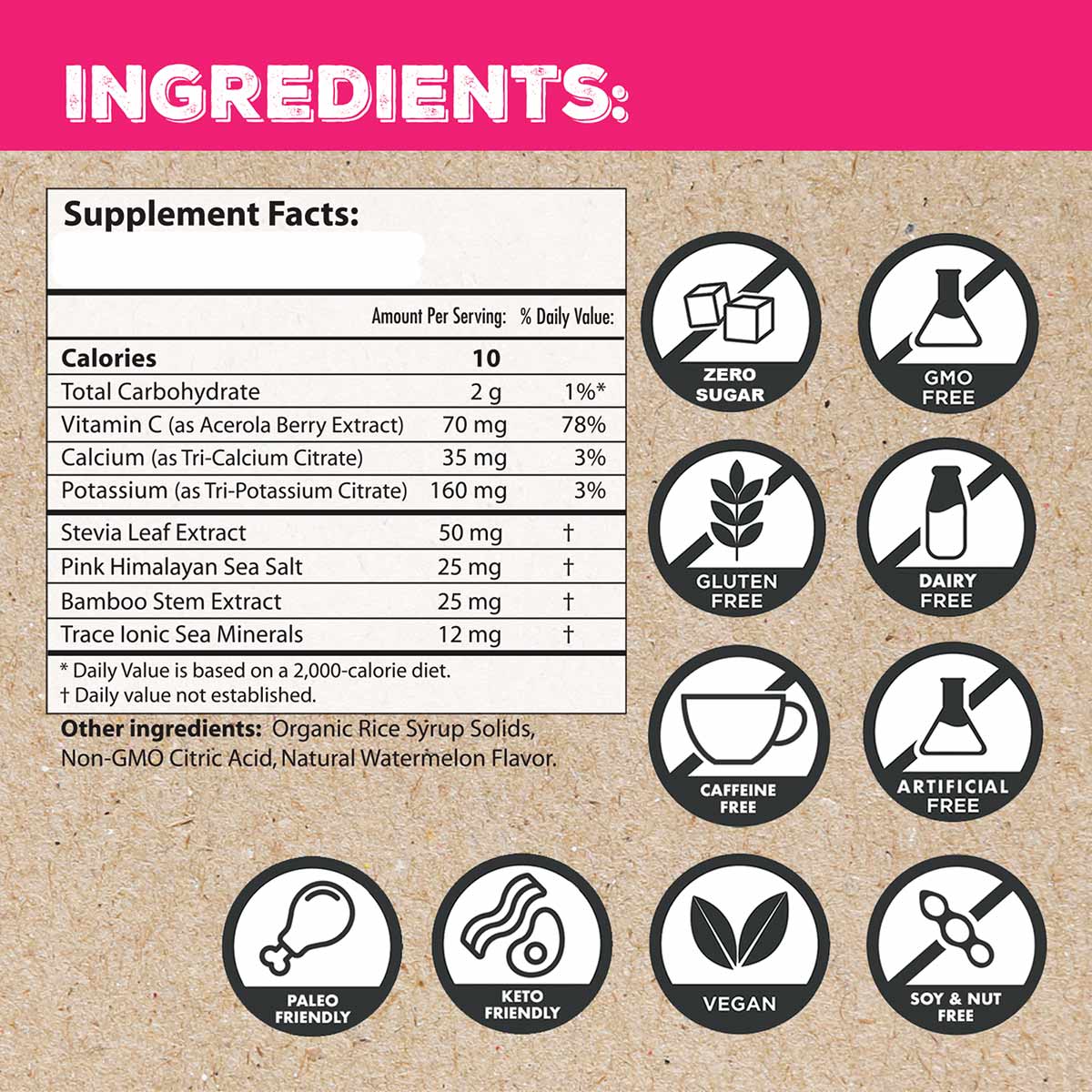Supplement facts label showing ingredients and nutritional information with attribute badges for zero sugar, GMO-free, gluten
