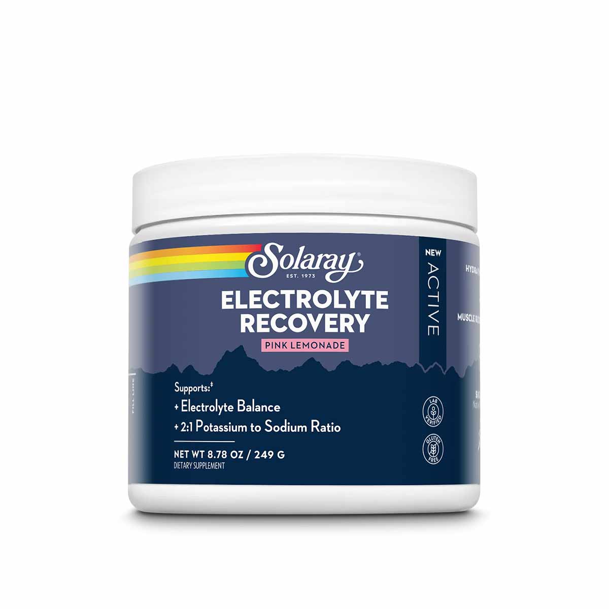 Solaray Electrolyte Recovery pink lemonade powder in white container with blue label, 8.78 oz.