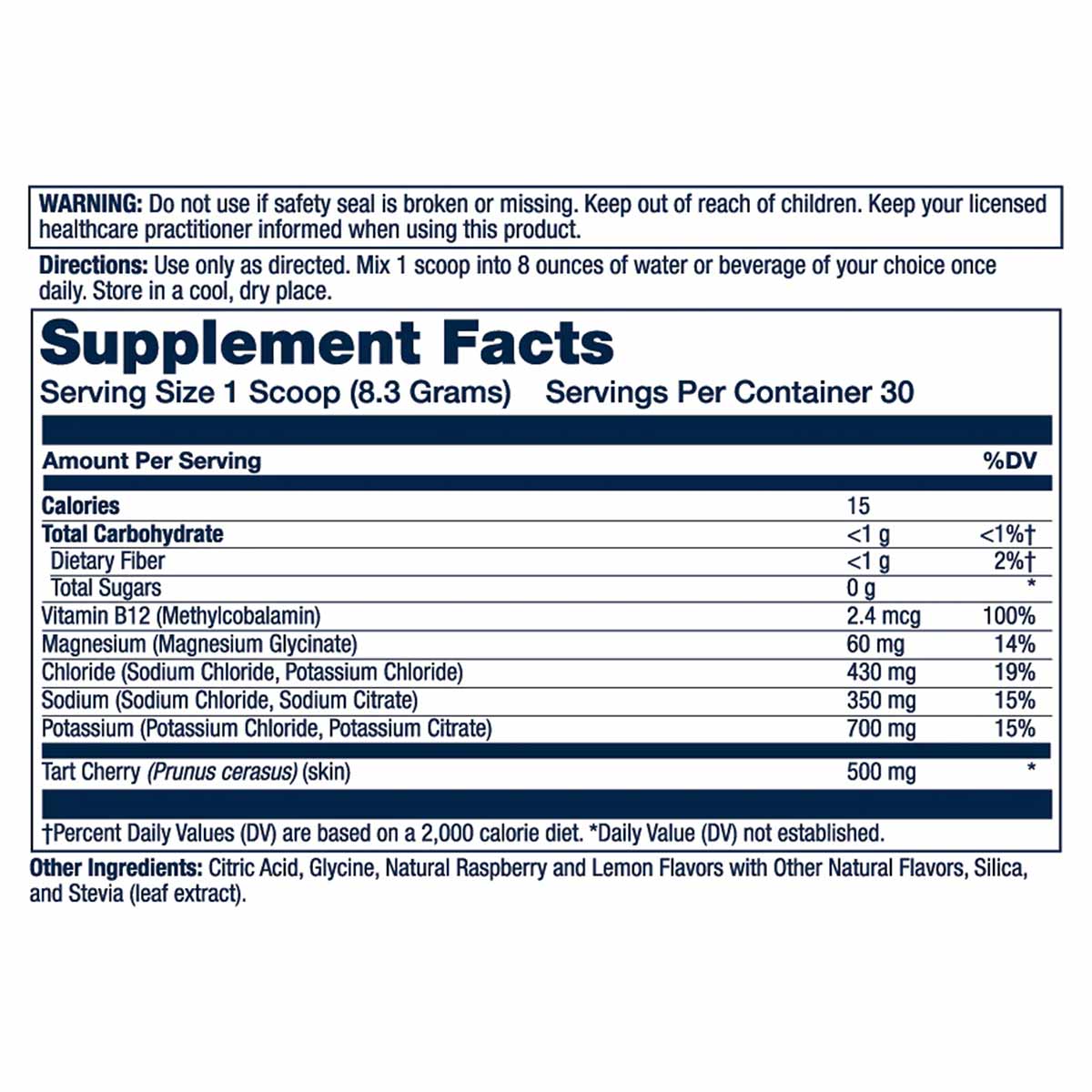 Supplement Facts label for Solaray Electrolyte Recovery powder with serving size, nutritional information, and ingredient lis