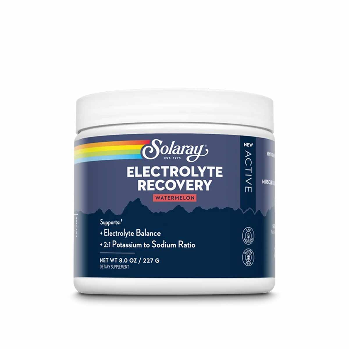 Solaray Electrolyte Recovery watermelon powder in white container with navy label, 8 oz.