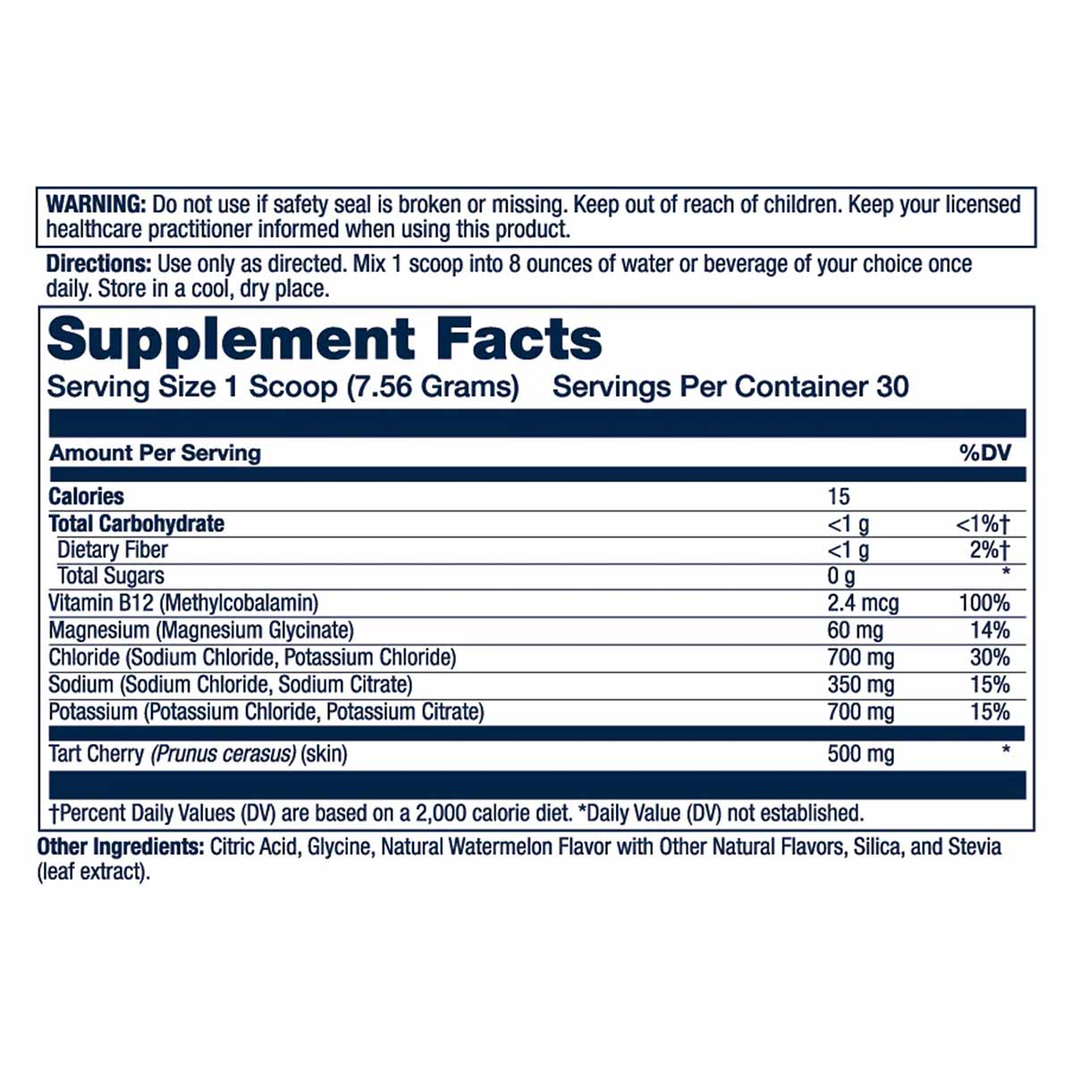 Supplement Facts label for Solaray Electrolyte Recovery powder showing serving size, nutritional information, and ingredients