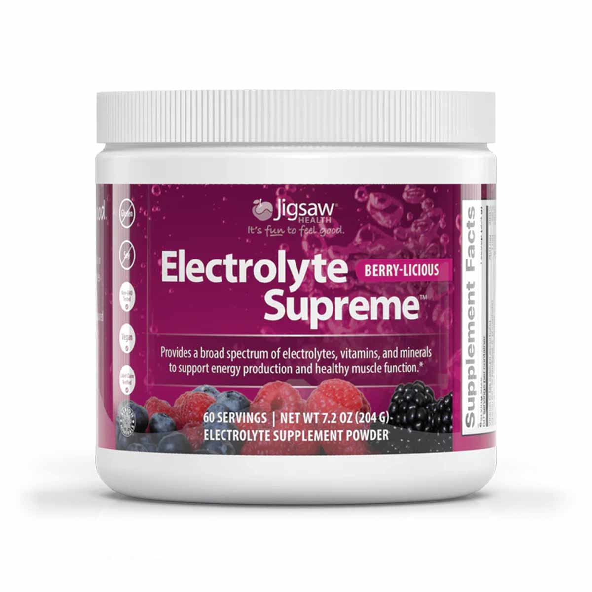 White plastic container of Jigsaw Health Electrolyte Supreme Berry-Licious powder with purple label and white screw-top lid.