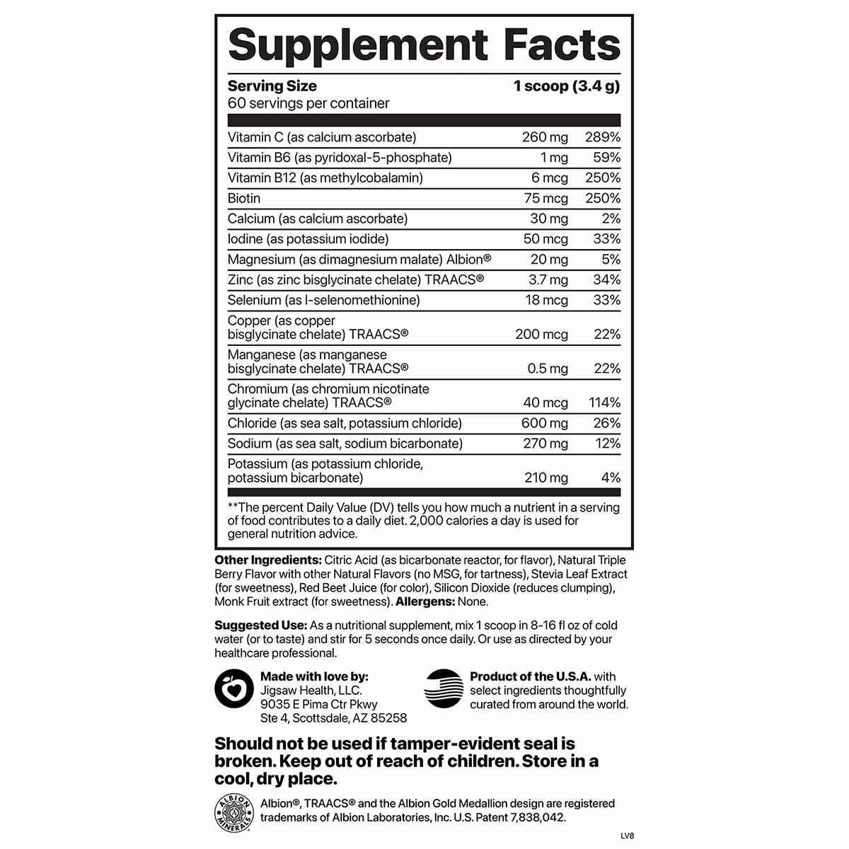 Supplement Facts label for Electrolyte Supreme showing serving size, vitamin and mineral content per scoop, ingredients, and 