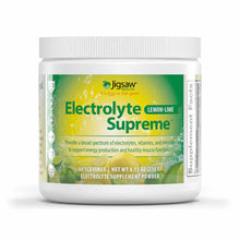 White plastic jar of Jigsaw Health Electrolyte Supreme lemon-lime powder supplement with green and yellow label.
