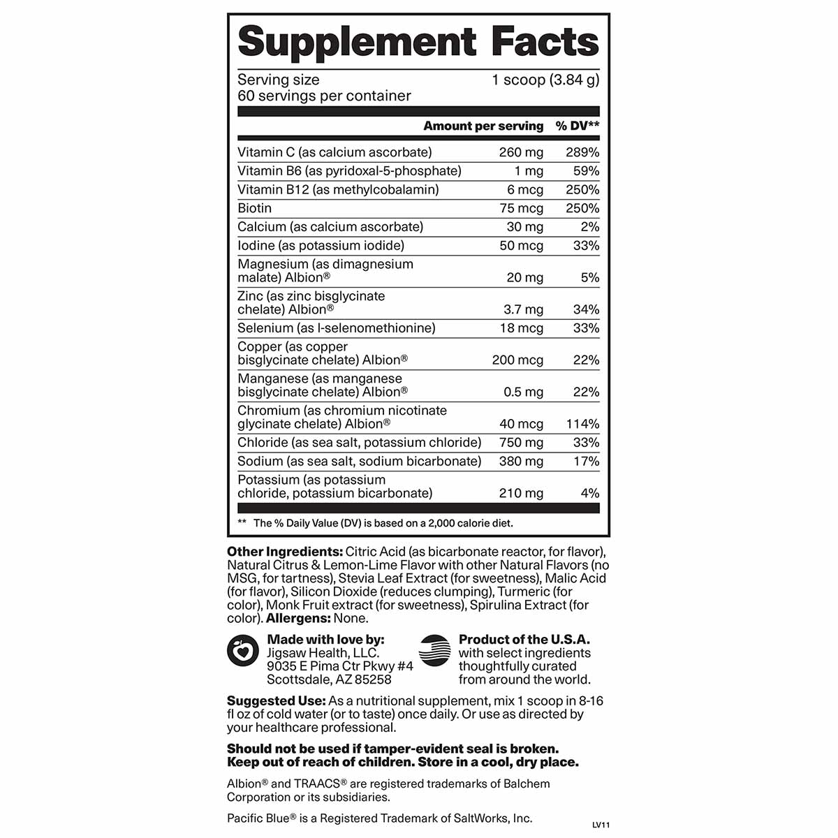 Supplement Facts label for Electrolyte Supreme powder showing vitamins, minerals, and electrolytes with serving size and dail