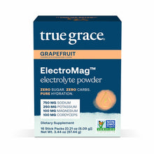 True Grace ElectroMag grapefruit-flavored electrolyte powder box containing 16 stick packs with sodium, potassium, magnesium,