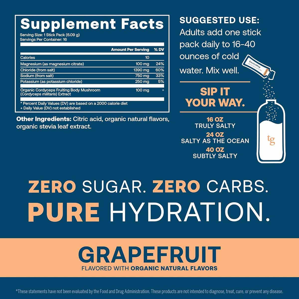 ElectroMag Electrolyte Stick packet with supplement facts, suggested use instructions, and grapefruit flavor label on dark bl