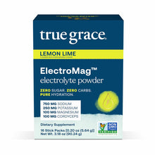 True Grace ElectroMag electrolyte powder in Lemon Lime flavor, 16 stick pack box with mineral content details visible.
