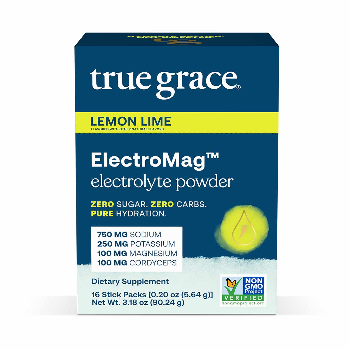 True Grace ElectroMag electrolyte powder in Lemon Lime flavor, 16 stick pack box with mineral content details visible.