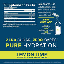 Lemon lime electrolyte stick pack with supplement facts, usage instructions, and product claims on dark blue and yellow backg