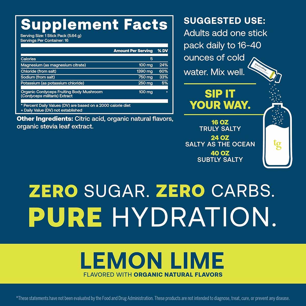 Lemon lime electrolyte stick pack with supplement facts, usage instructions, and product claims on dark blue and yellow backg