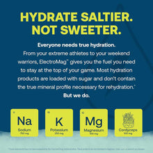 ElectroMag electrolyte stick product information displayed on blue background with yellow text and mineral ingredient cards s