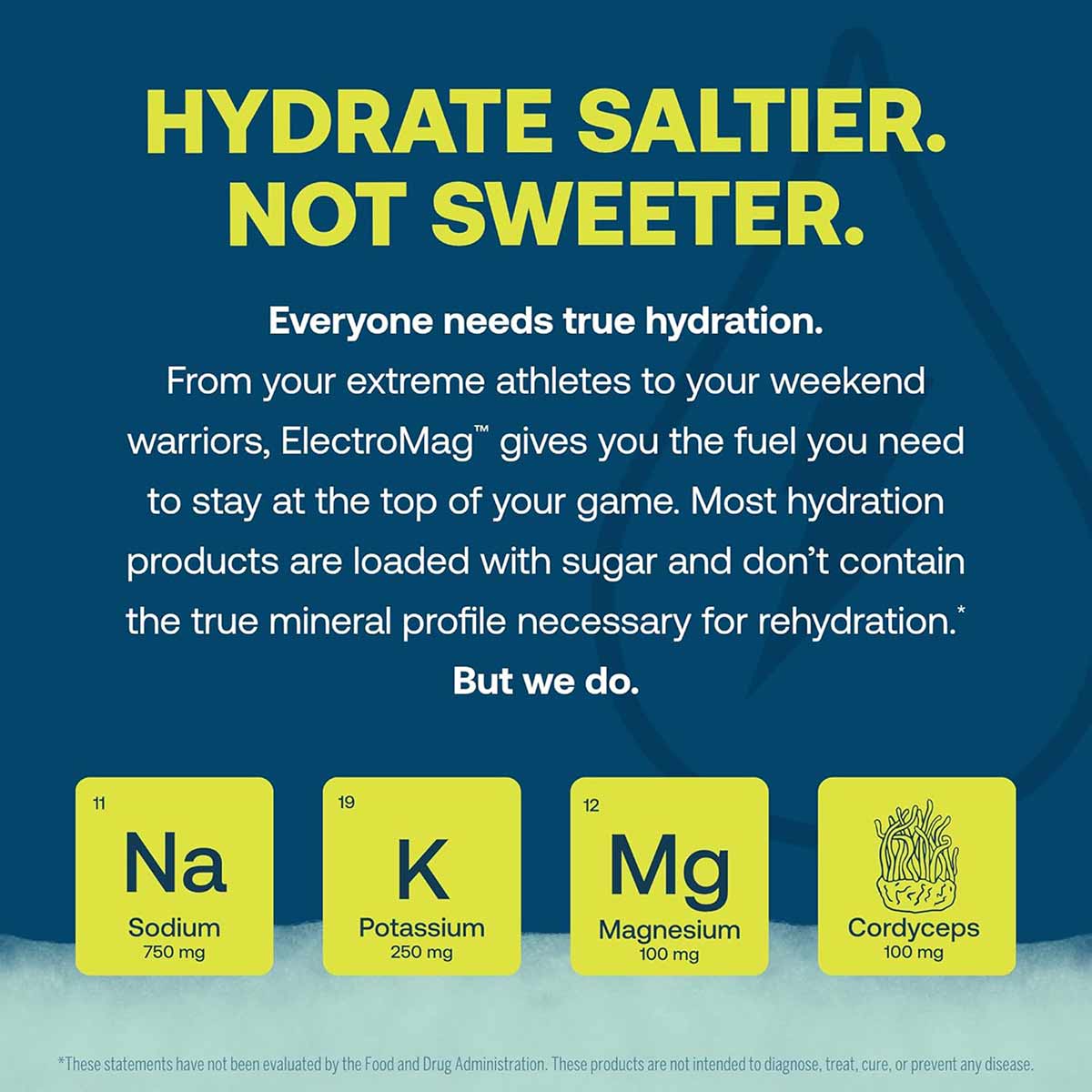 ElectroMag electrolyte stick product information displayed on blue background with yellow text and mineral ingredient cards s