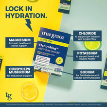 ElectroMag electrolyte powder stick packet in lemon lime flavor with ingredient callouts on yellow and green background.
