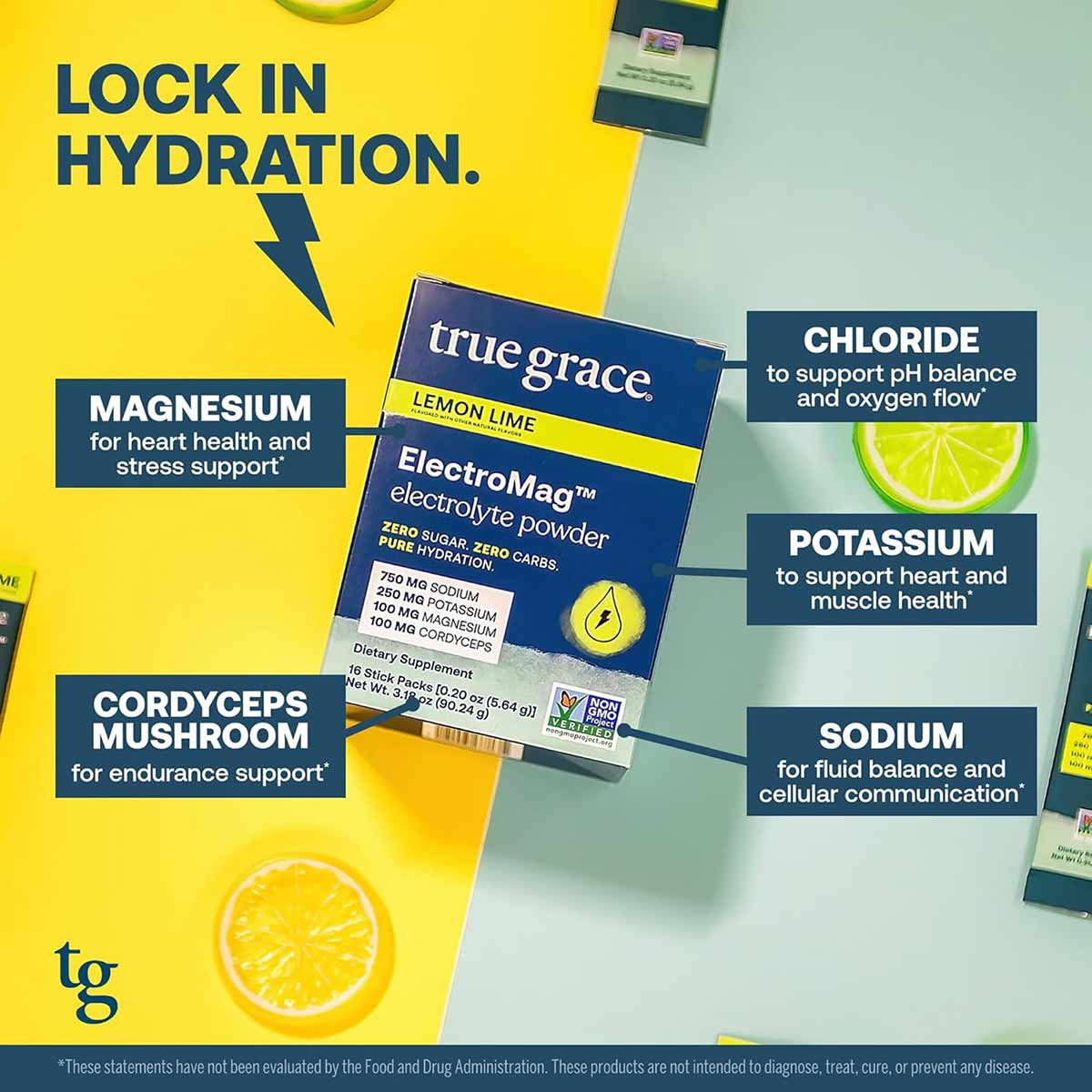 ElectroMag electrolyte powder stick packet in lemon lime flavor with ingredient callouts on yellow and green background.